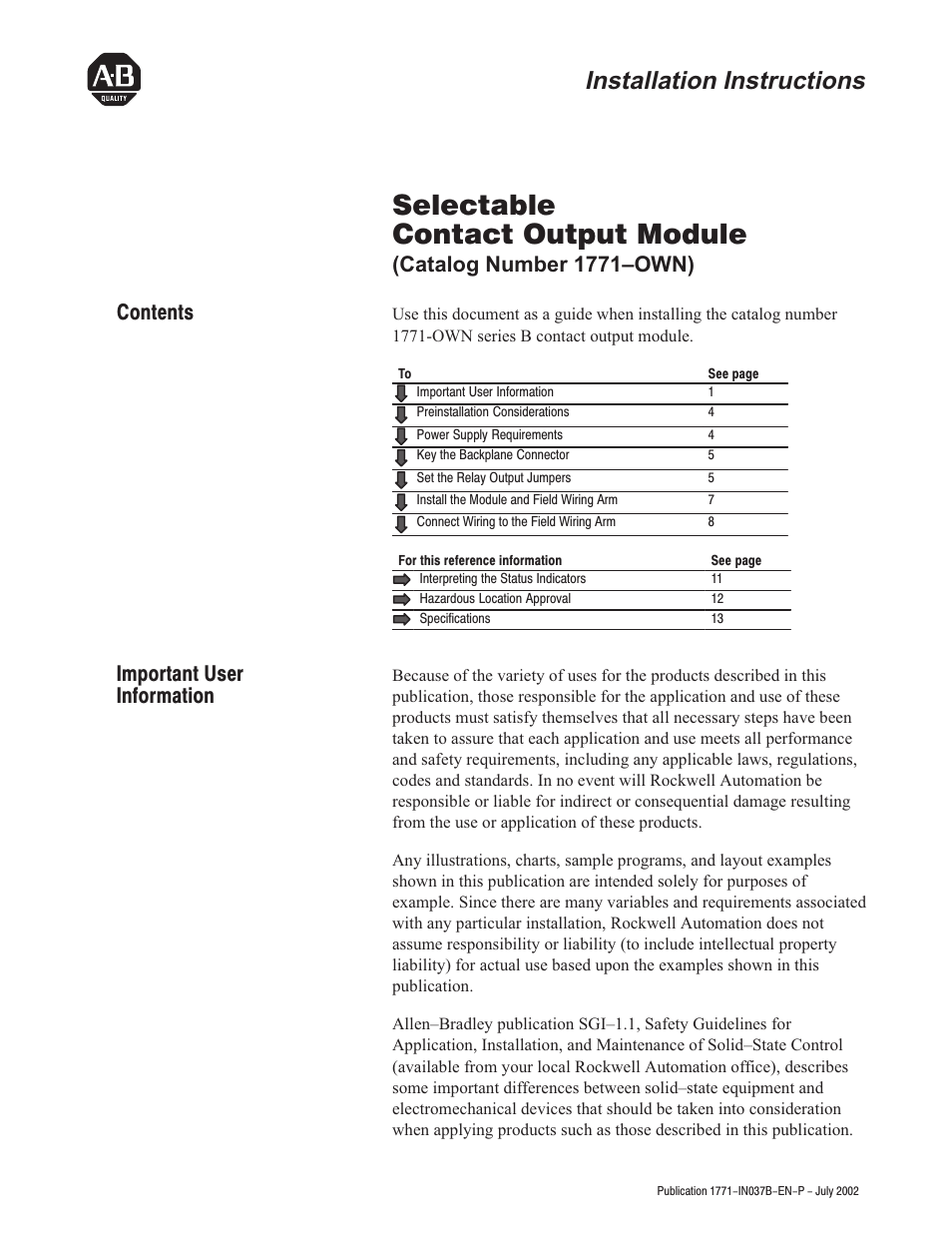 Rockwell Automation 1771-OWN Selectable Contact Installation Instructions User Manual | 16 pages