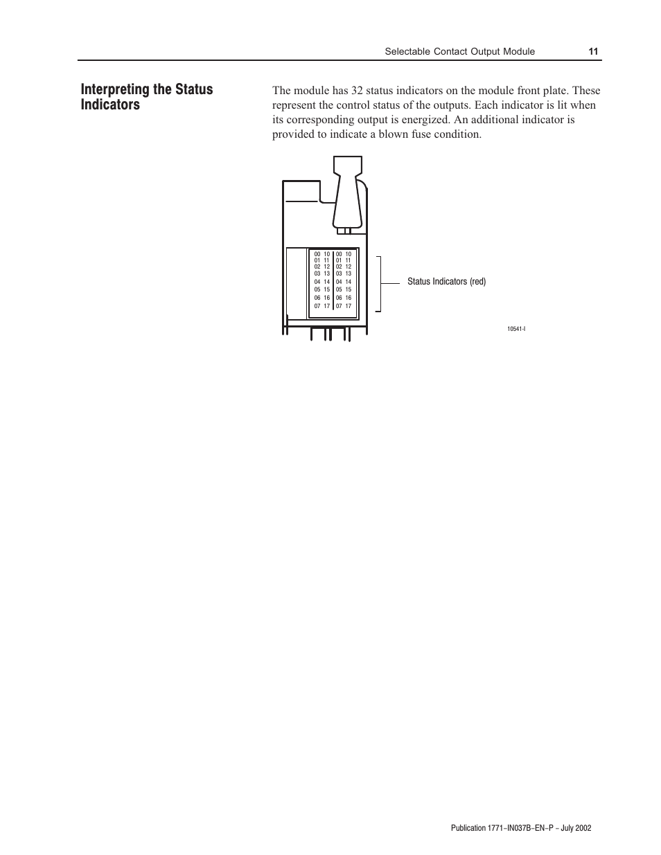 Interpreting the status indicators, Selectable contact output module 11, Status indicators (red) | Rockwell Automation 1771-OWN Selectable Contact Installation Instructions User Manual | Page 11 / 16