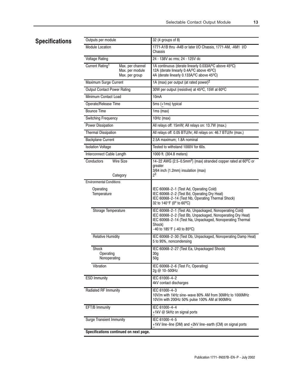Specifications | Rockwell Automation 1771-OWN Selectable Contact Installation Instructions User Manual | Page 13 / 16