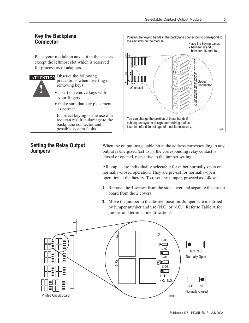 Key the backplane connector, Setting the relay output jumpers | Rockwell Automation 1771-OWN Selectable Contact Installation Instructions User Manual | Page 5 / 16