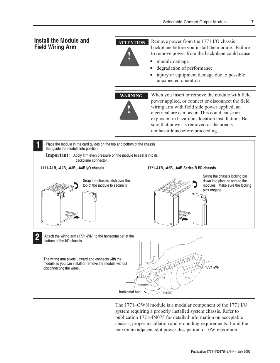 Install the module and field wiring arm | Rockwell Automation 1771-OWN Selectable Contact Installation Instructions User Manual | Page 7 / 16