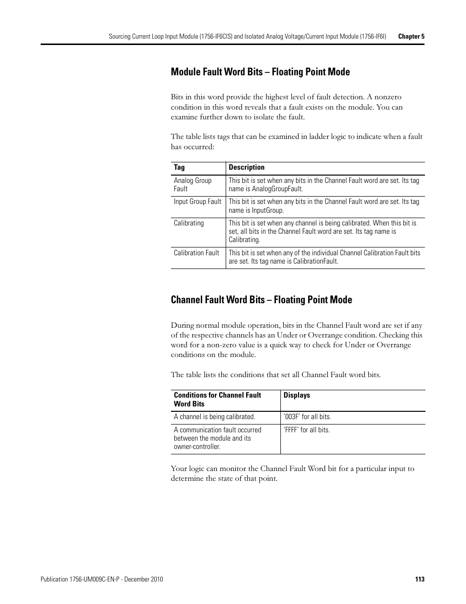 Escribed on, Module fault word bits – floating point mode, Channel fault word bits – floating point mode | Rockwell Automation 1756-XXXX ControlLogix Analog I/O Modules User Manual | Page 113 / 401