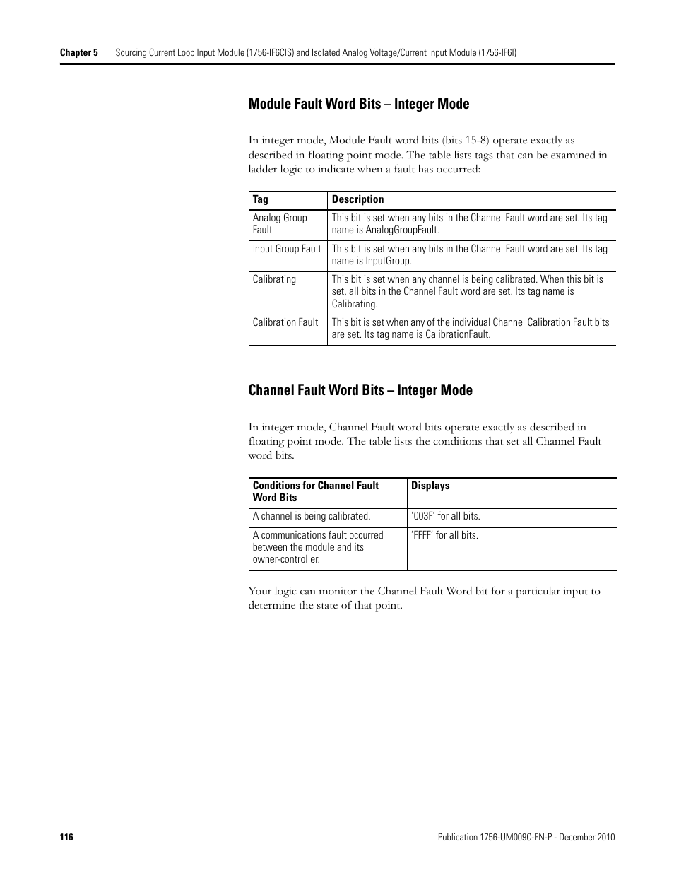 Ibed on, Module fault word bits – integer mode, Channel fault word bits – integer mode | Rockwell Automation 1756-XXXX ControlLogix Analog I/O Modules User Manual | Page 116 / 401