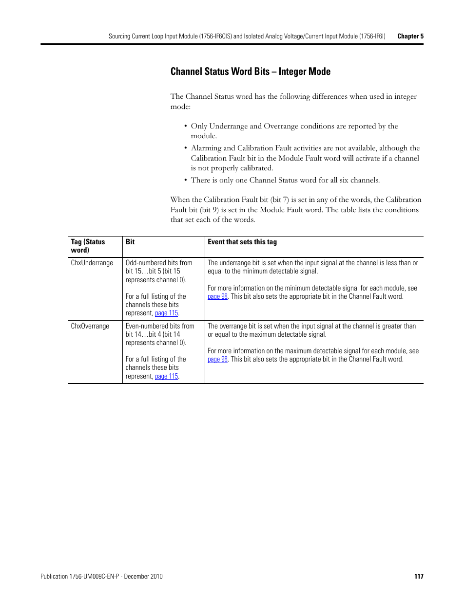 Channel status word bits – integer mode | Rockwell Automation 1756-XXXX ControlLogix Analog I/O Modules User Manual | Page 117 / 401