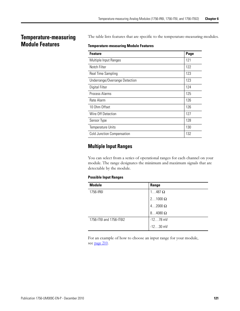 Temperature-measuring module features, Multiple input ranges | Rockwell Automation 1756-XXXX ControlLogix Analog I/O Modules User Manual | Page 121 / 401