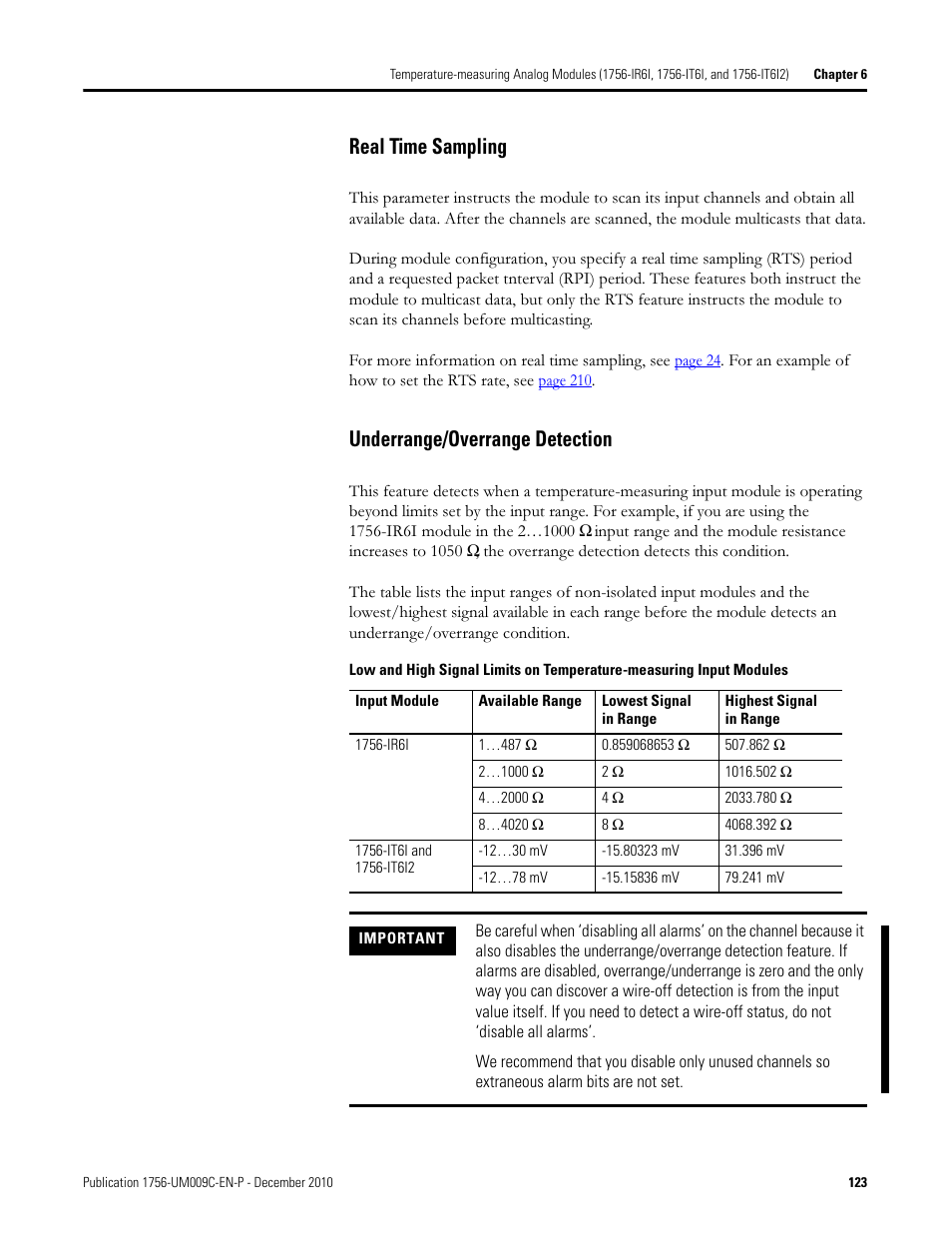 Chapter 6, Real time sampling underrange/overrange detection, Real time sampling | Underrange/overrange detection | Rockwell Automation 1756-XXXX ControlLogix Analog I/O Modules User Manual | Page 123 / 401