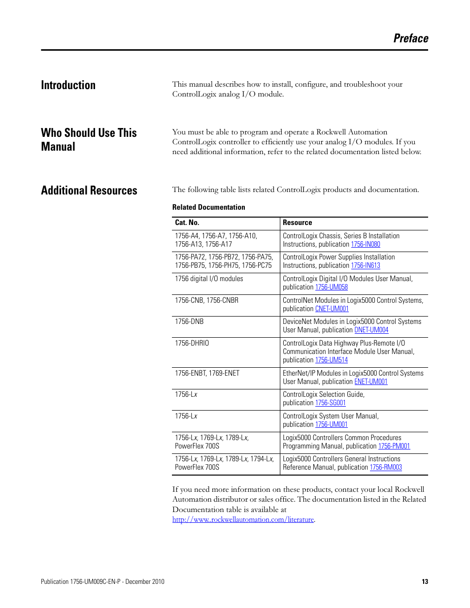 Preface, Preface introduction, Who should use this manual | Additional resources | Rockwell Automation 1756-XXXX ControlLogix Analog I/O Modules User Manual | Page 13 / 401