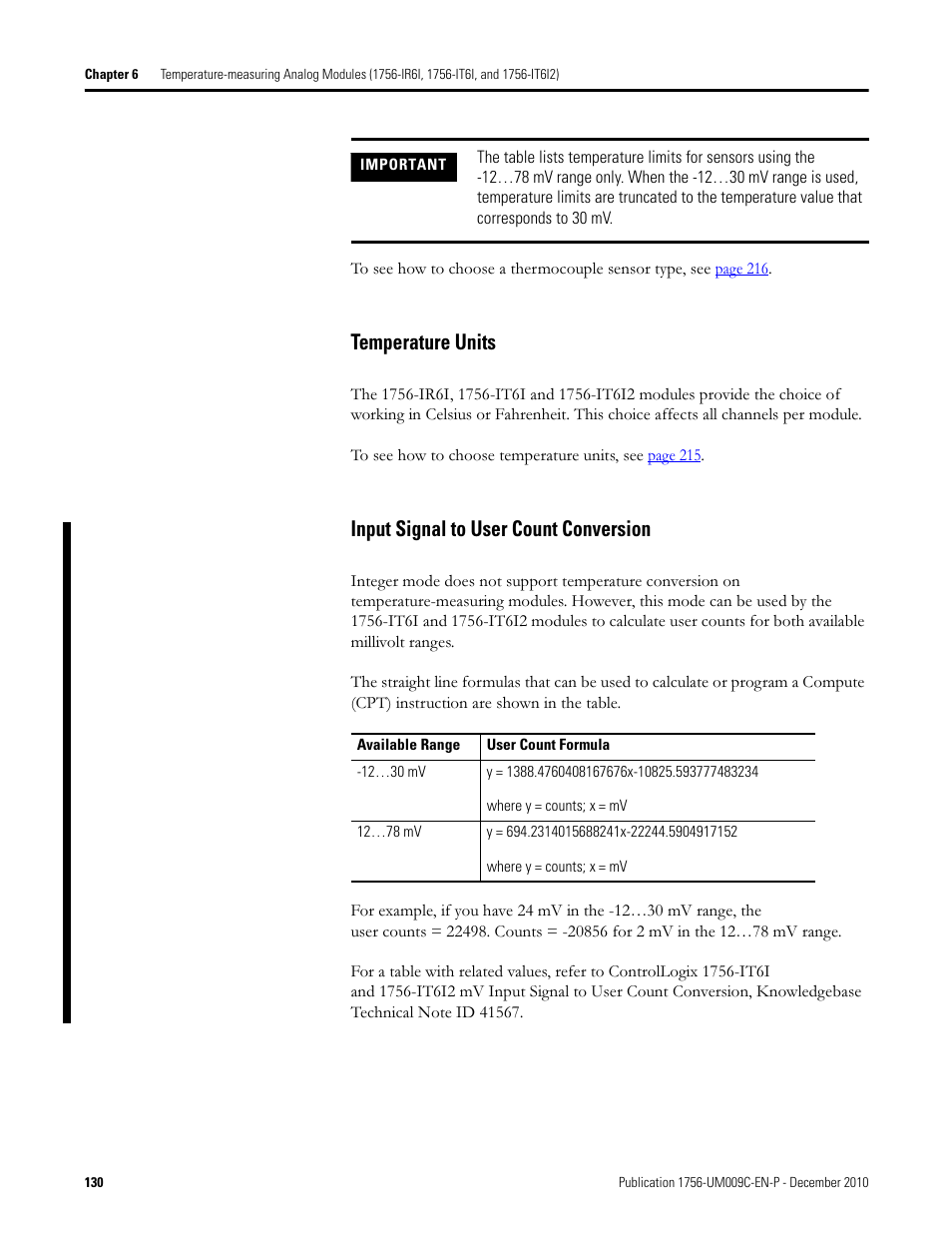Temperature units, Input signal to user count conversion | Rockwell Automation 1756-XXXX ControlLogix Analog I/O Modules User Manual | Page 130 / 401