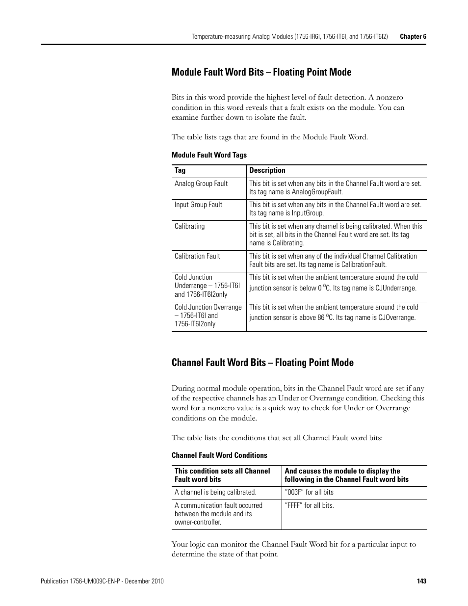 Module fault word bits – floating point mode, Channel fault word bits – floating point mode | Rockwell Automation 1756-XXXX ControlLogix Analog I/O Modules User Manual | Page 143 / 401