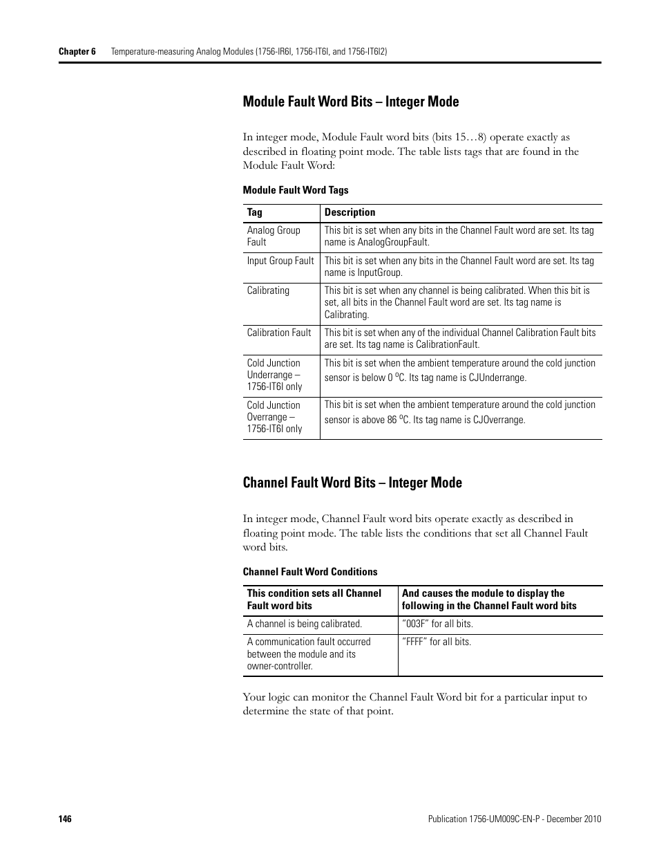 Module fault word bits – integer mode, Channel fault word bits – integer mode | Rockwell Automation 1756-XXXX ControlLogix Analog I/O Modules User Manual | Page 146 / 401