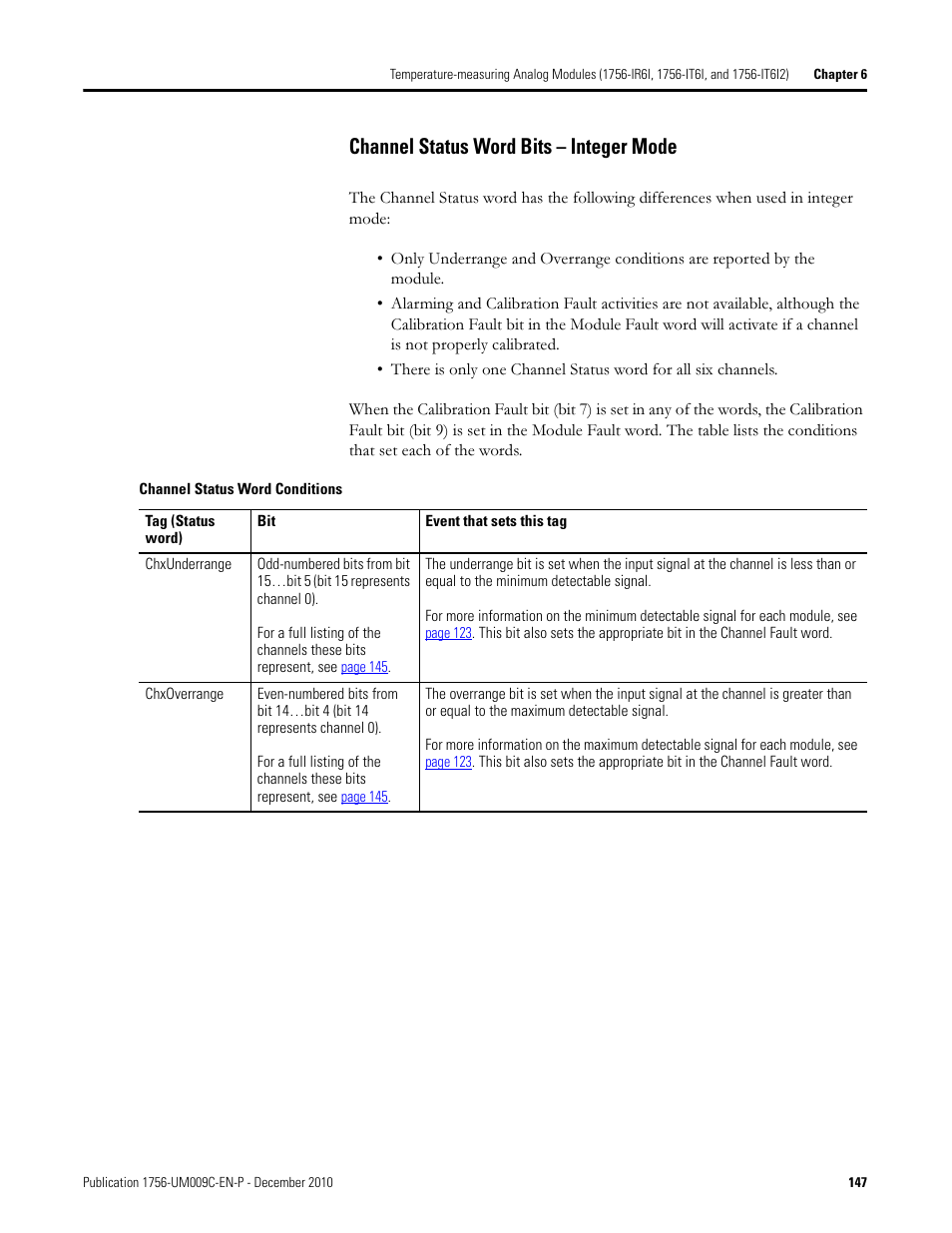 Channel status word bits – integer mode | Rockwell Automation 1756-XXXX ControlLogix Analog I/O Modules User Manual | Page 147 / 401