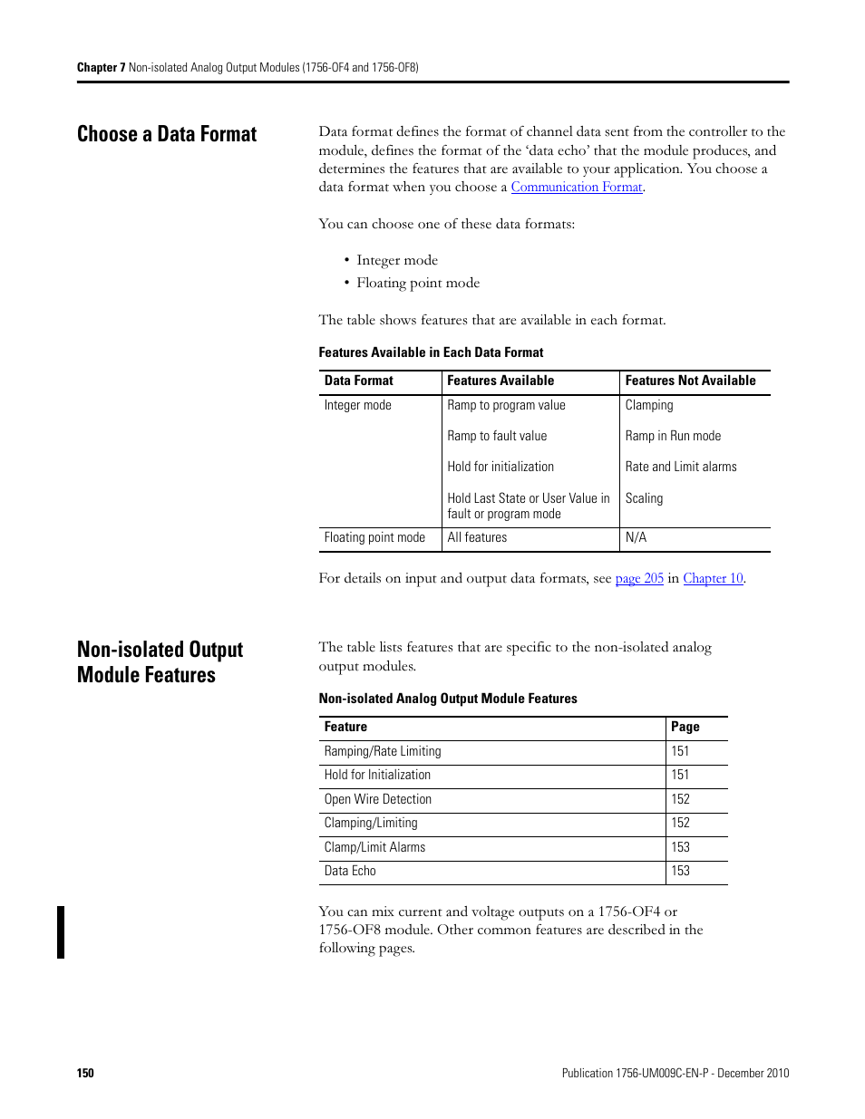 Choose a data format, Non-isolated output module features | Rockwell Automation 1756-XXXX ControlLogix Analog I/O Modules User Manual | Page 150 / 401