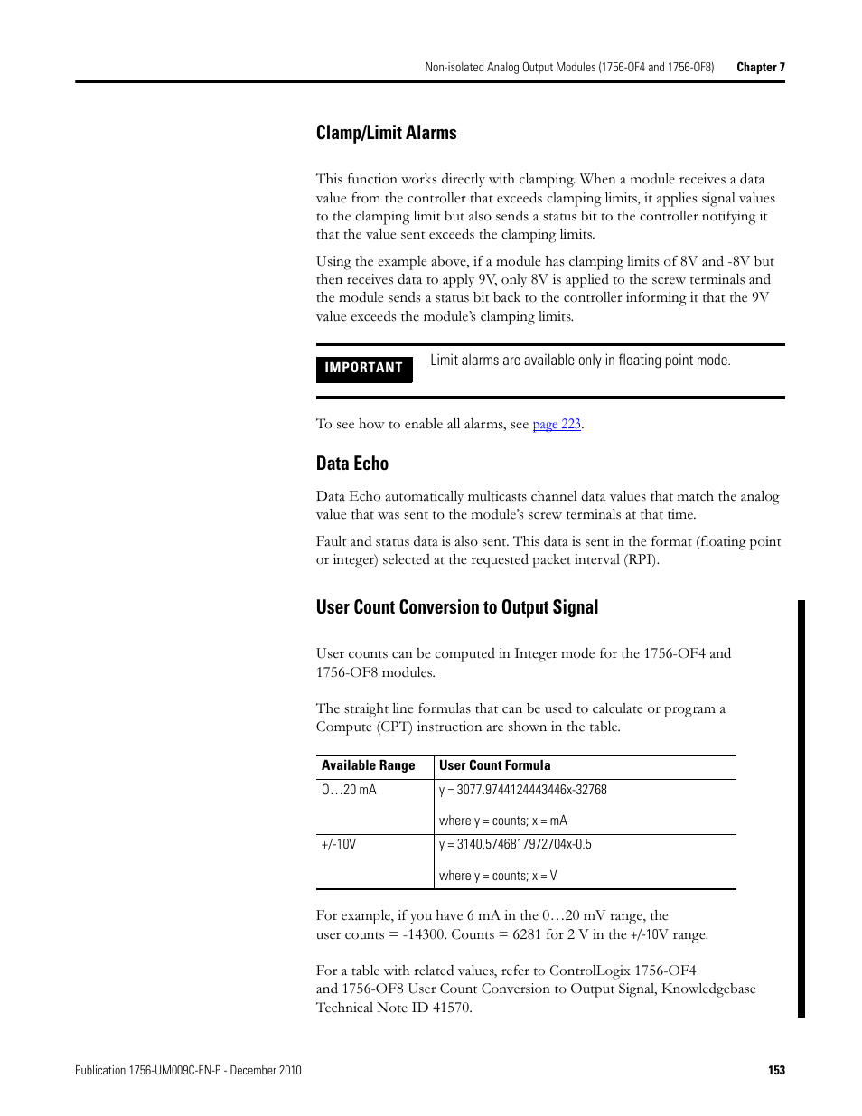 Clamp/limit alarms, Data echo, User count conversion to output signal | Rockwell Automation 1756-XXXX ControlLogix Analog I/O Modules User Manual | Page 153 / 401