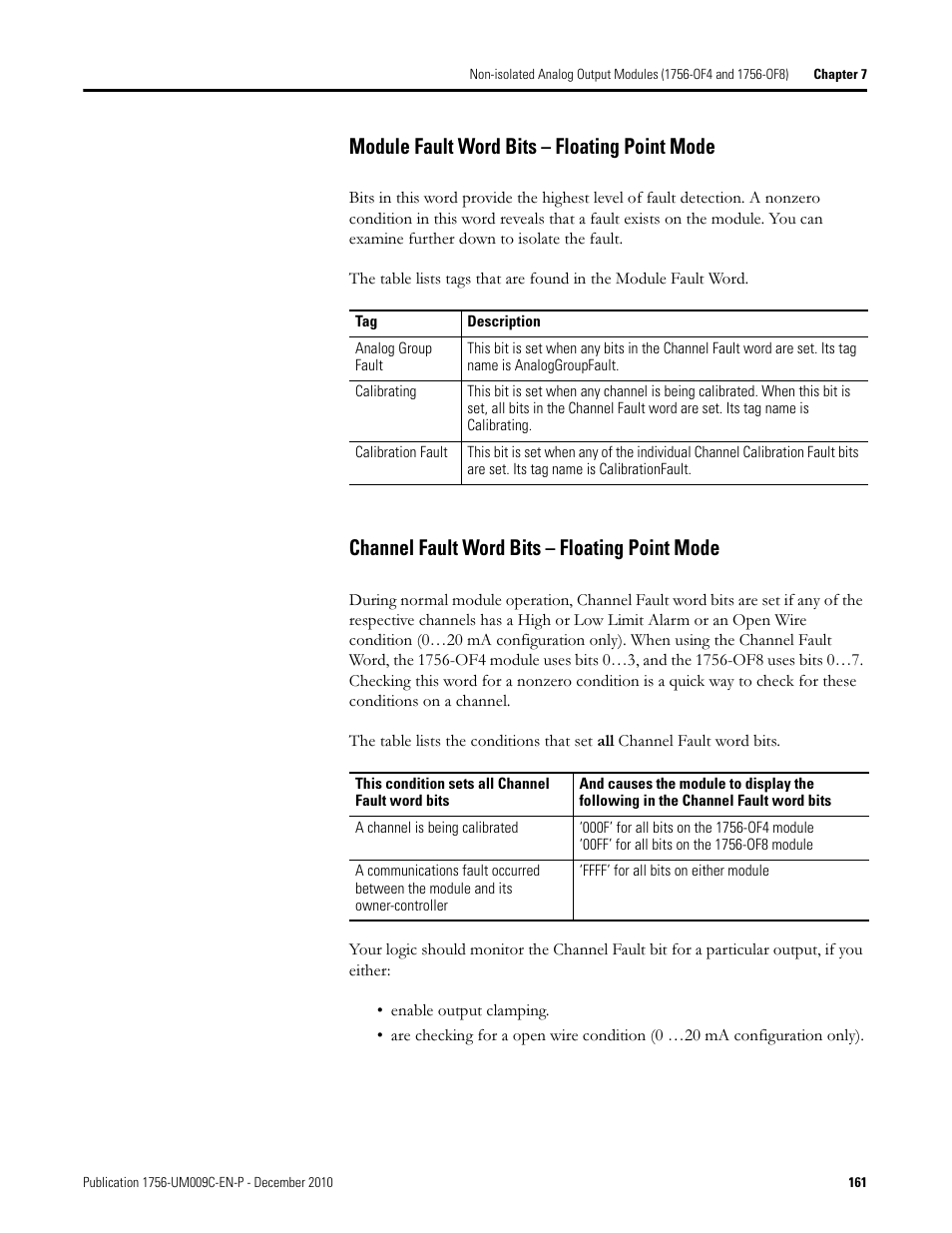 Module fault word bits – floating point mode, Channel fault word bits – floating point mode | Rockwell Automation 1756-XXXX ControlLogix Analog I/O Modules User Manual | Page 161 / 401