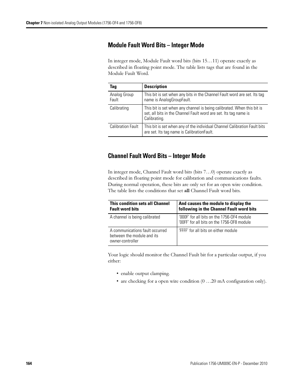 Module fault word bits – integer mode, Channel fault word bits – integer mode | Rockwell Automation 1756-XXXX ControlLogix Analog I/O Modules User Manual | Page 164 / 401