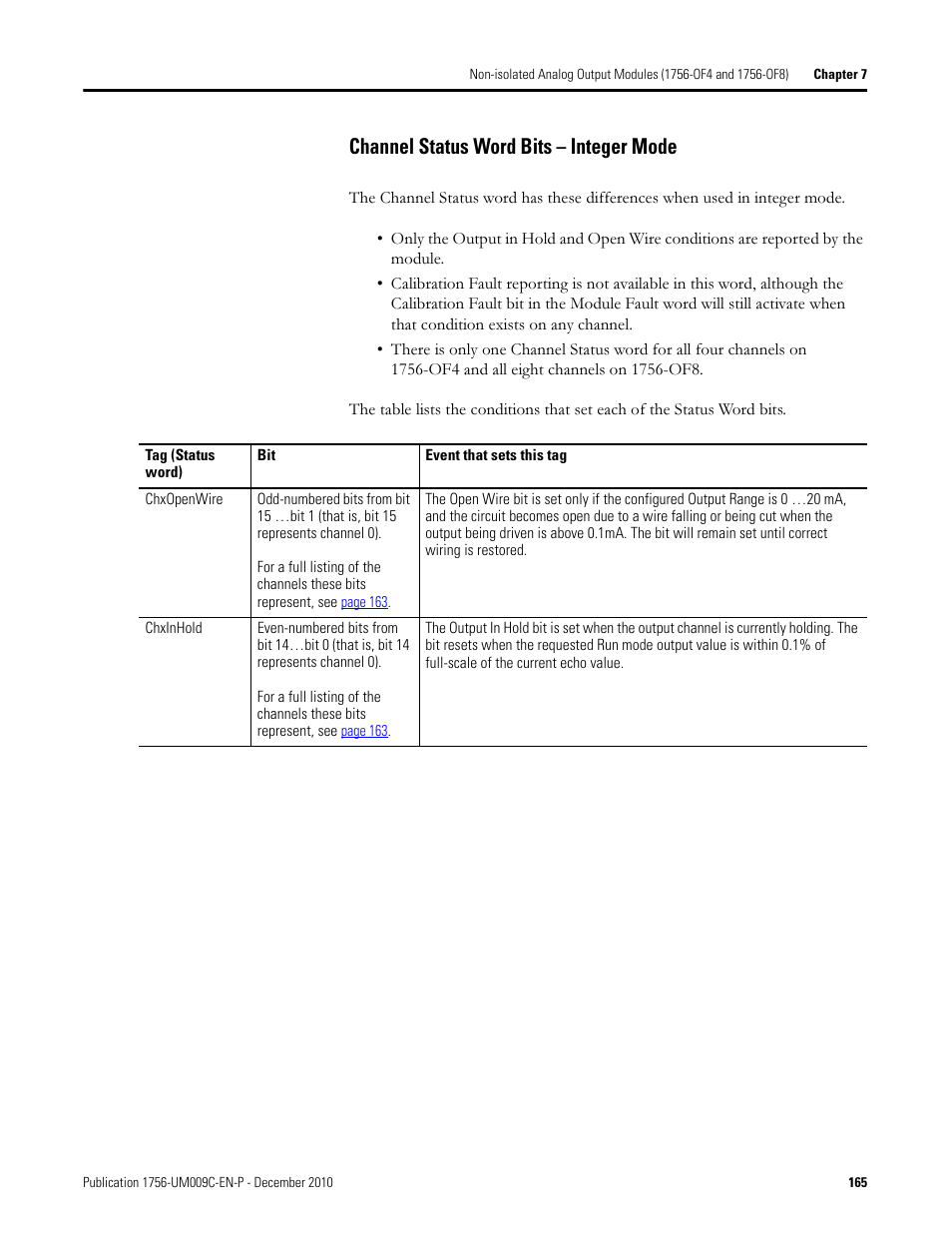 Channel status word bits – integer mode | Rockwell Automation 1756-XXXX ControlLogix Analog I/O Modules User Manual | Page 165 / 401