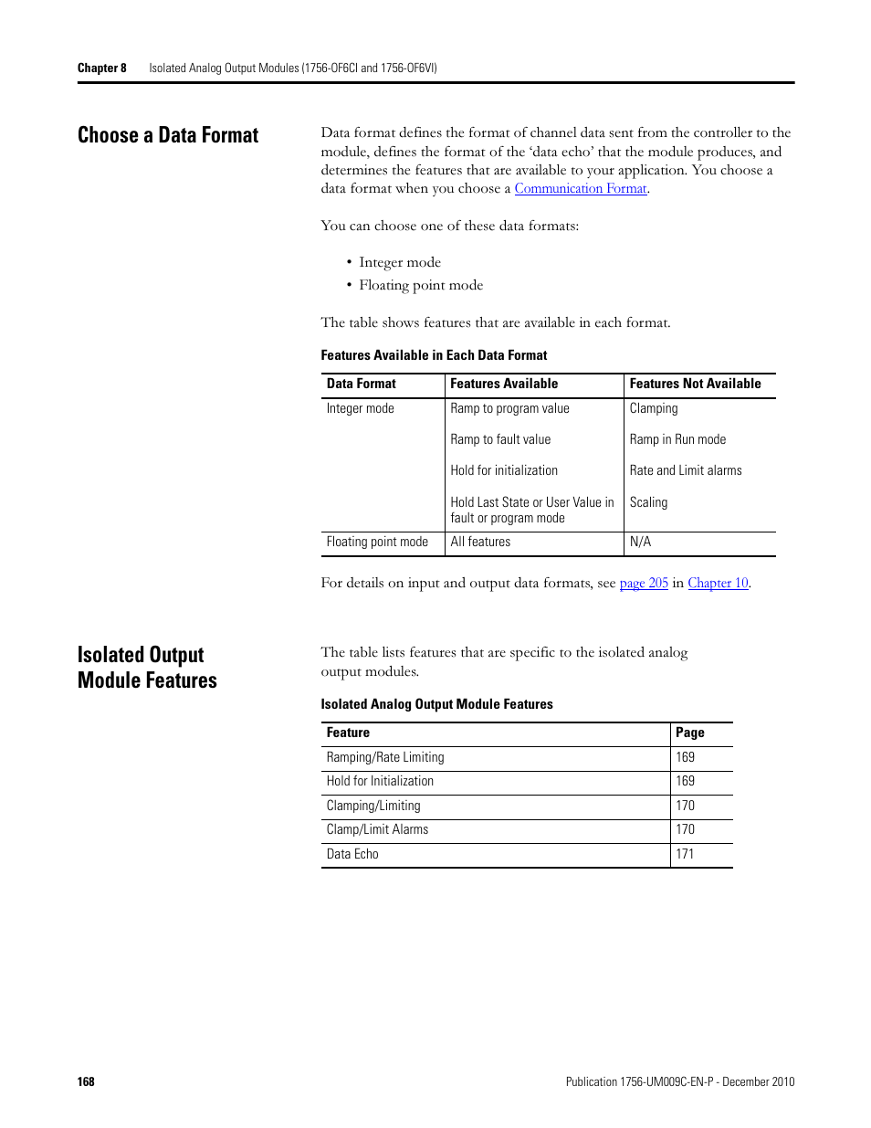 Choose a data format, Isolated output module features | Rockwell Automation 1756-XXXX ControlLogix Analog I/O Modules User Manual | Page 168 / 401