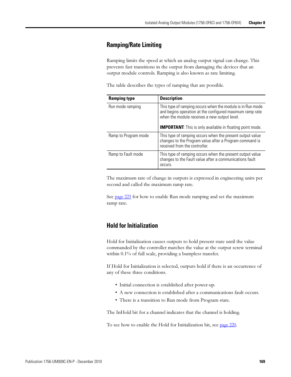 Ramping/rate limiting hold for initialization, Ramping/rate limiting, Hold for initialization | Rockwell Automation 1756-XXXX ControlLogix Analog I/O Modules User Manual | Page 169 / 401