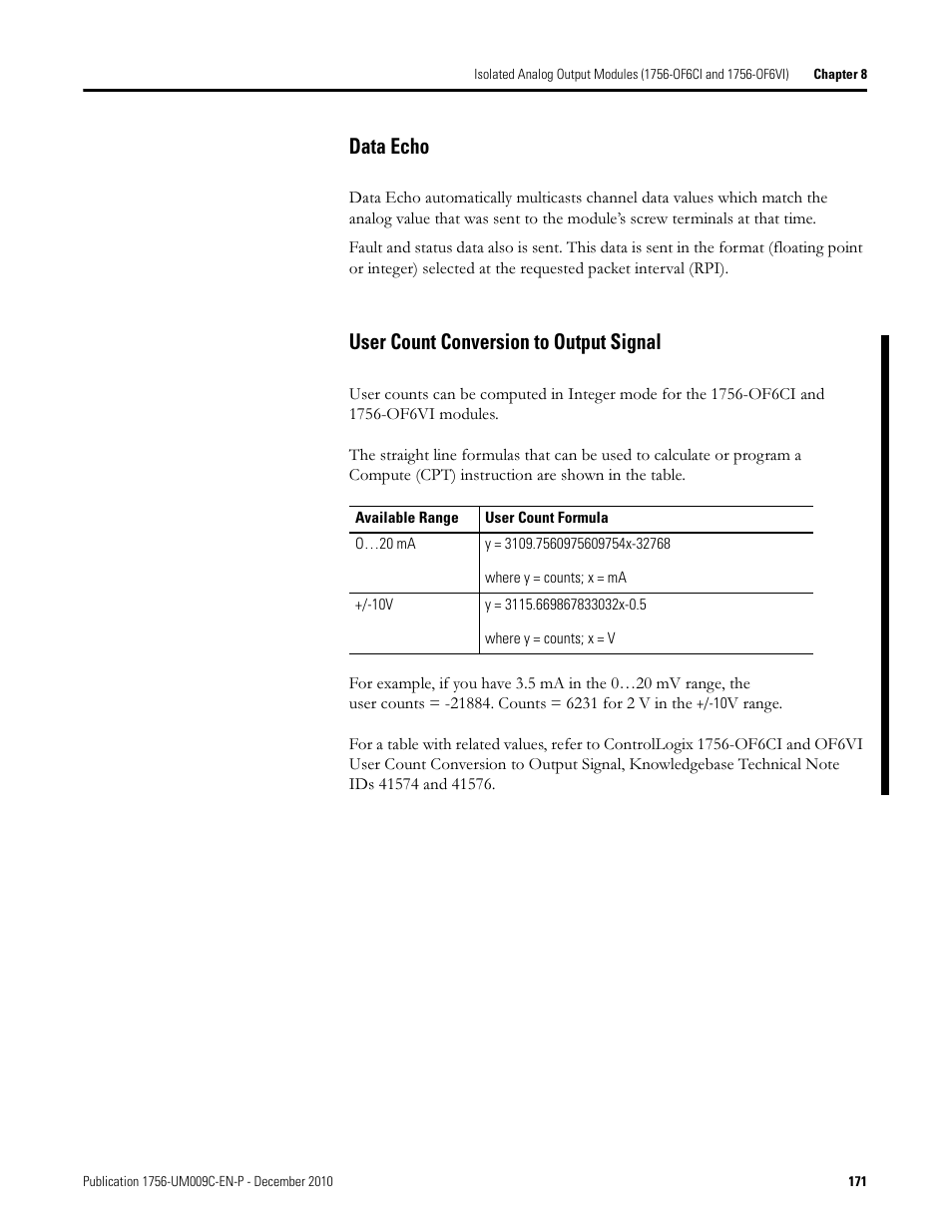 Data echo user count conversion to output signal, Data echo, User count conversion to output signal | Rockwell Automation 1756-XXXX ControlLogix Analog I/O Modules User Manual | Page 171 / 401
