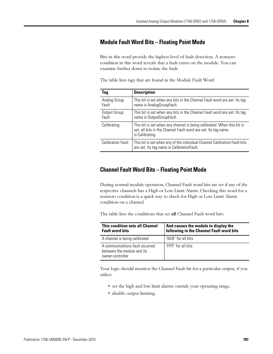 Ibed on, Module fault word bits – floating point mode, Channel fault word bits – floating point mode | Rockwell Automation 1756-XXXX ControlLogix Analog I/O Modules User Manual | Page 181 / 401