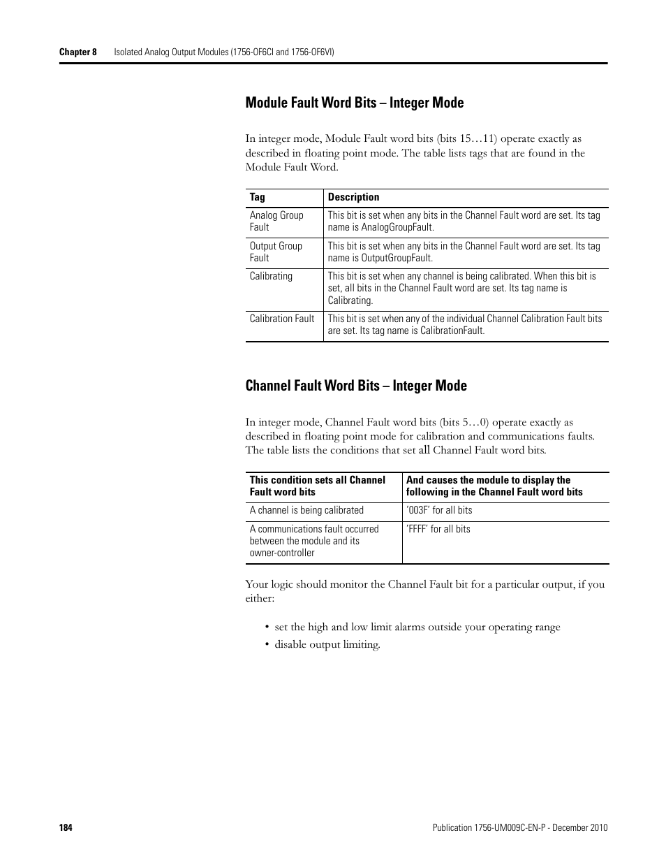 Module fault word bits – integer mode, Channel fault word bits – integer mode | Rockwell Automation 1756-XXXX ControlLogix Analog I/O Modules User Manual | Page 184 / 401