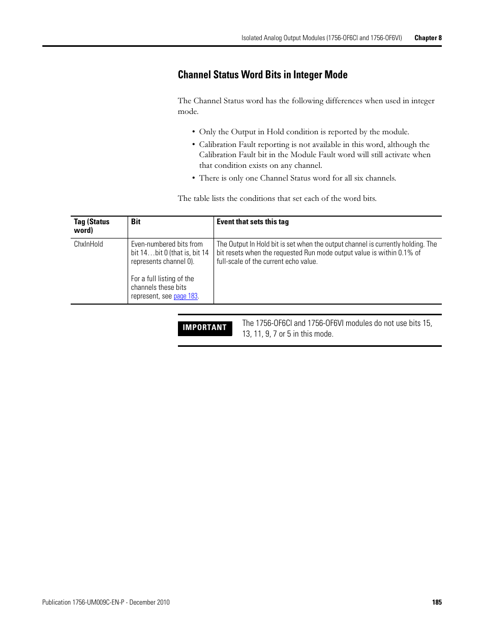 Channel status word bits in integer mode | Rockwell Automation 1756-XXXX ControlLogix Analog I/O Modules User Manual | Page 185 / 401