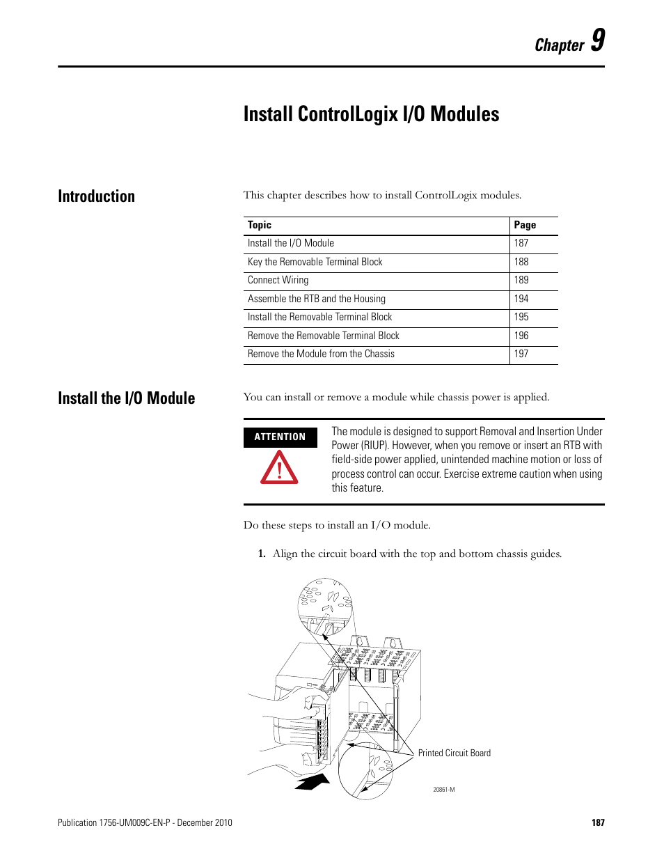 Install controllogix i/o modules, Introduction, Install the i/o module | Chapter 9, Introduction install the i/o module, Chapter | Rockwell Automation 1756-XXXX ControlLogix Analog I/O Modules User Manual | Page 187 / 401