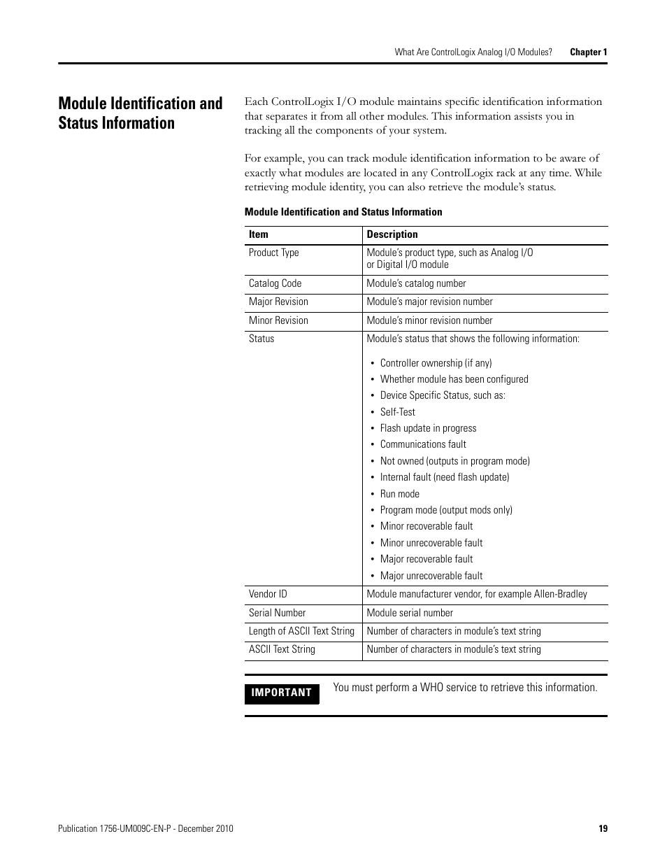 Module identification and status information | Rockwell Automation 1756-XXXX ControlLogix Analog I/O Modules User Manual | Page 19 / 401