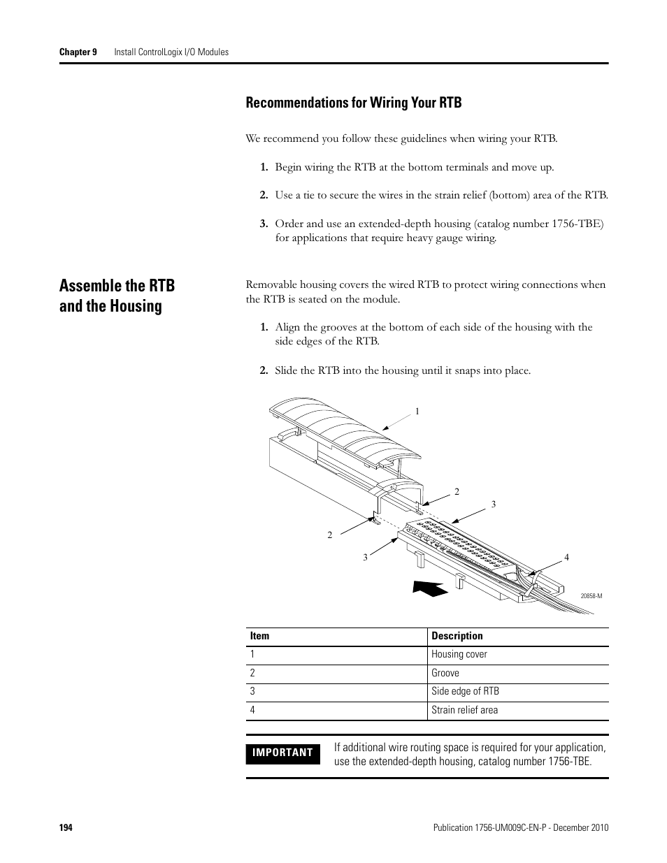 Assemble the rtb and the housing, Recommendations for wiring your rtb | Rockwell Automation 1756-XXXX ControlLogix Analog I/O Modules User Manual | Page 194 / 401