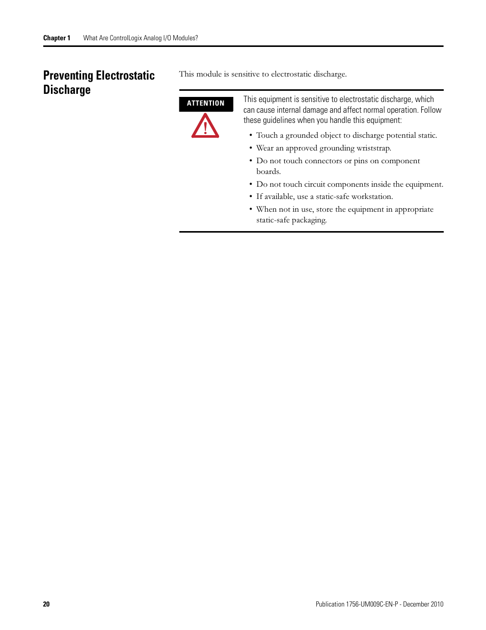 Preventing electrostatic discharge | Rockwell Automation 1756-XXXX ControlLogix Analog I/O Modules User Manual | Page 20 / 401