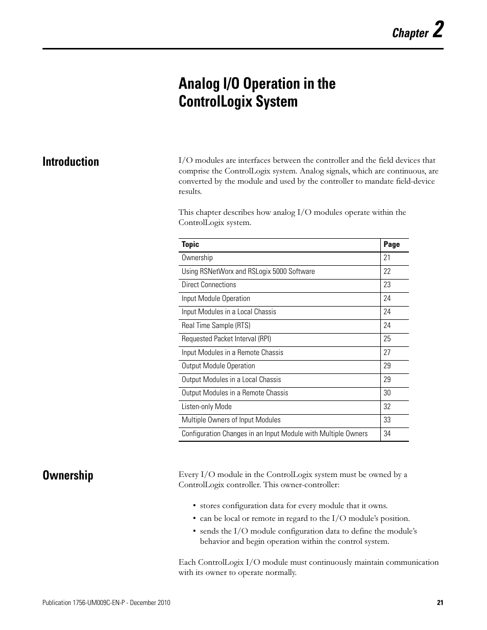 Analog i/o operation in the controllogix system, Introduction, Ownership | Chapter 2, Introduction ownership, Chapter | Rockwell Automation 1756-XXXX ControlLogix Analog I/O Modules User Manual | Page 21 / 401