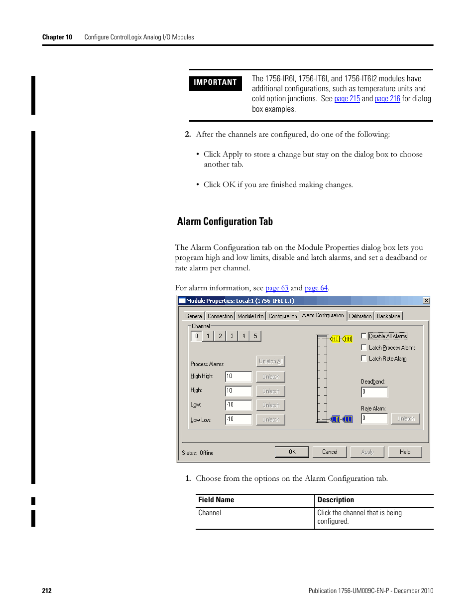 Alarm configuration tab | Rockwell Automation 1756-XXXX ControlLogix Analog I/O Modules User Manual | Page 212 / 401