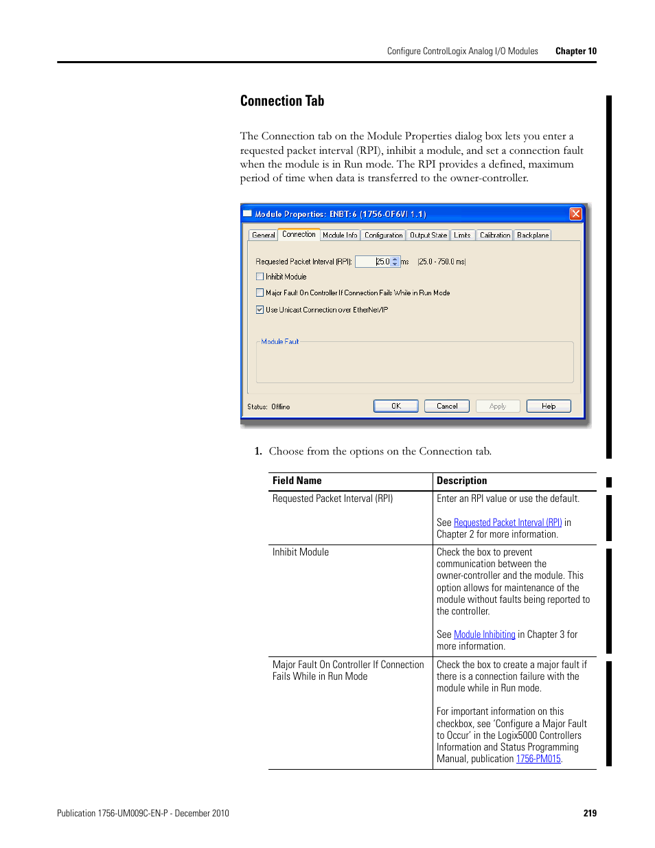 Connection tab | Rockwell Automation 1756-XXXX ControlLogix Analog I/O Modules User Manual | Page 219 / 401