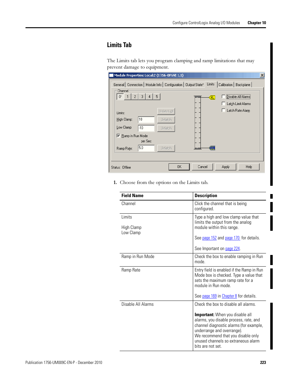 Limits tab | Rockwell Automation 1756-XXXX ControlLogix Analog I/O Modules User Manual | Page 223 / 401