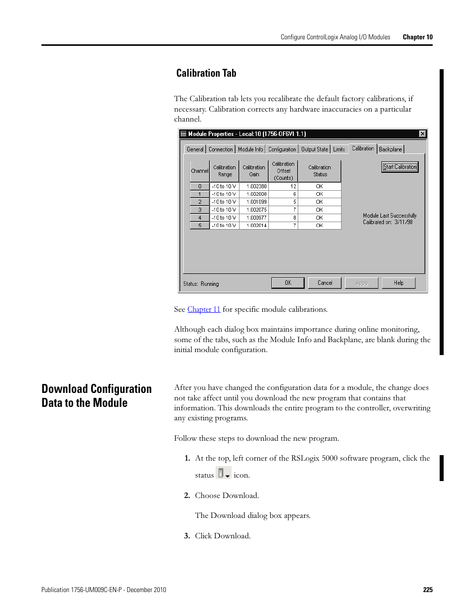 Download configuration data to the module, Calibration tab | Rockwell Automation 1756-XXXX ControlLogix Analog I/O Modules User Manual | Page 225 / 401