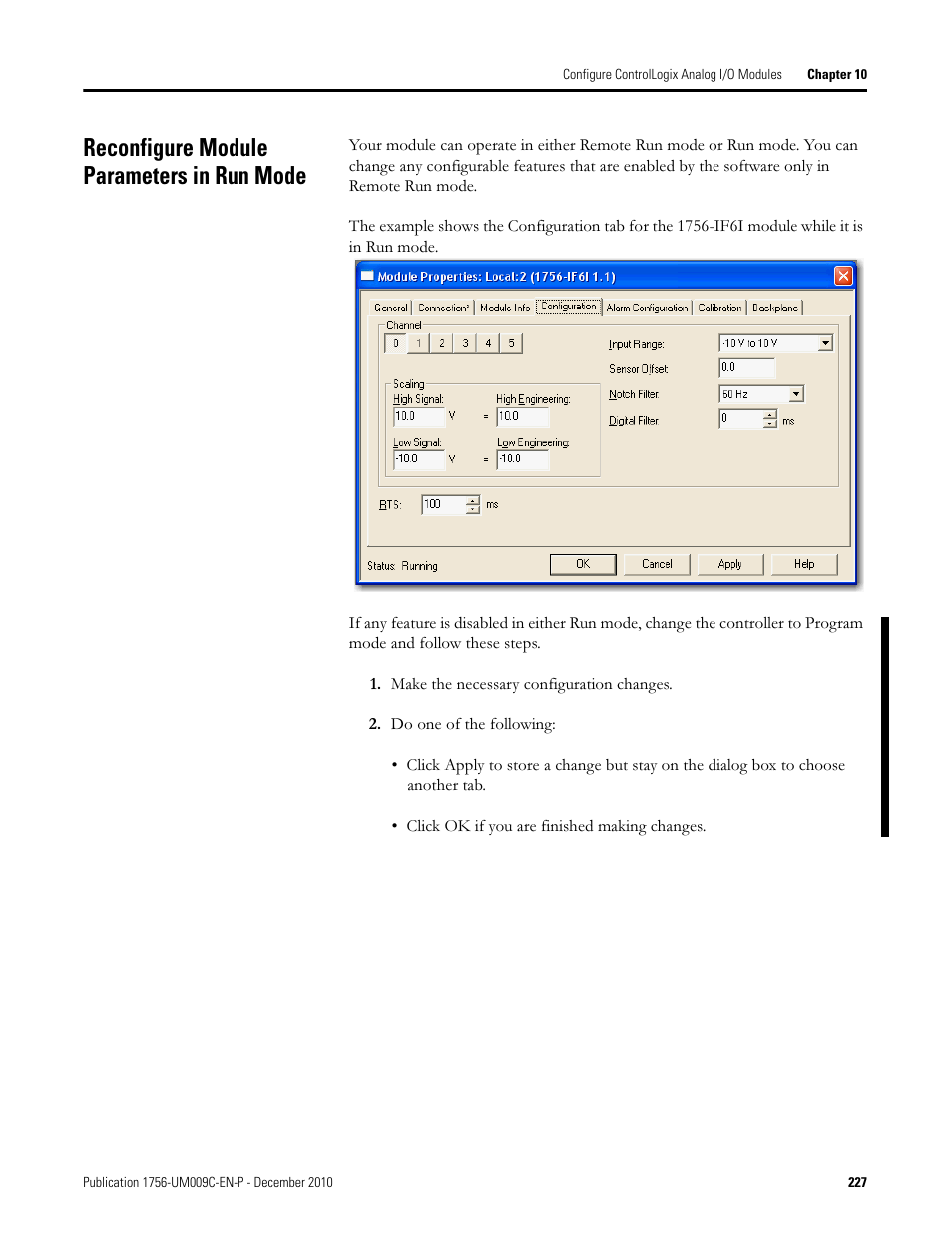 Reconfigure module parameters in run mode | Rockwell Automation 1756-XXXX ControlLogix Analog I/O Modules User Manual | Page 227 / 401