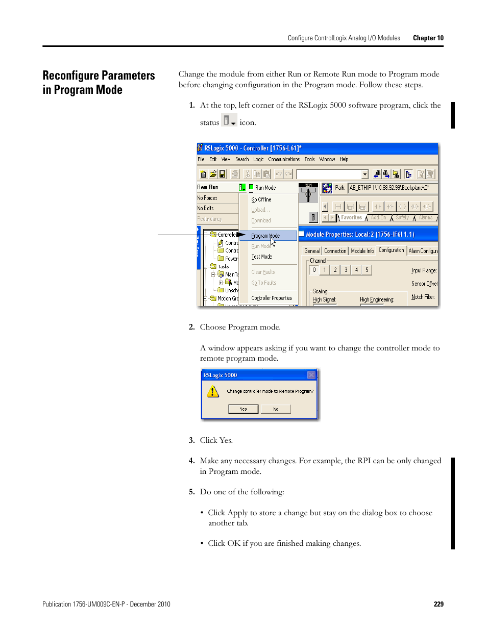 Reconfigure parameters in program mode | Rockwell Automation 1756-XXXX ControlLogix Analog I/O Modules User Manual | Page 229 / 401