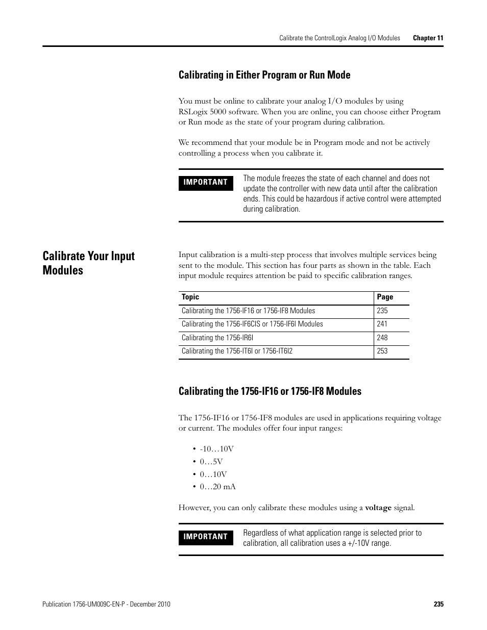 Calibrate your input modules, Calibrating in either program or run mode, Calibrating the 1756-if16 or 1756-if8 modules | Rockwell Automation 1756-XXXX ControlLogix Analog I/O Modules User Manual | Page 235 / 401