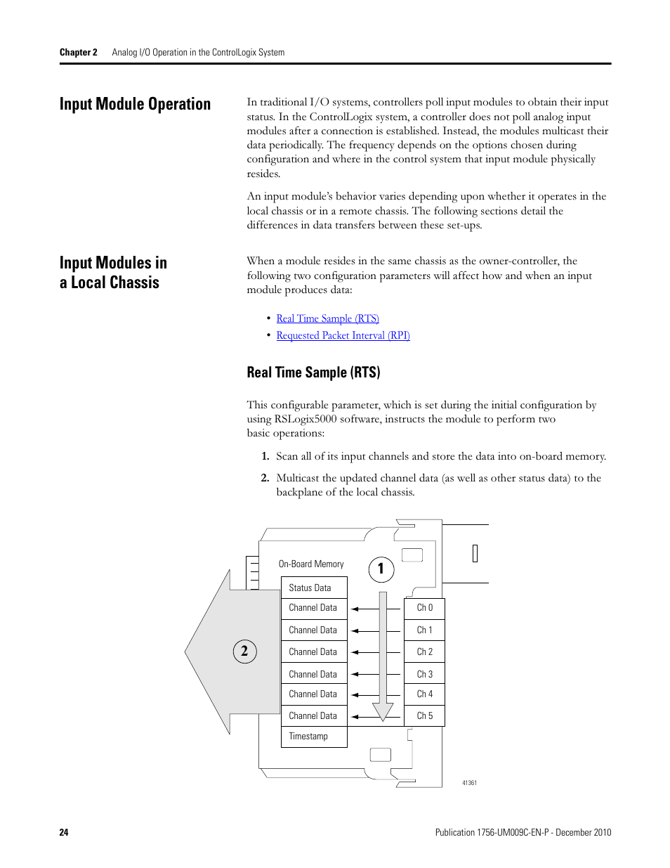 Input module operation, Input modules in a local chassis, Real time sample (rts) | Rockwell Automation 1756-XXXX ControlLogix Analog I/O Modules User Manual | Page 24 / 401