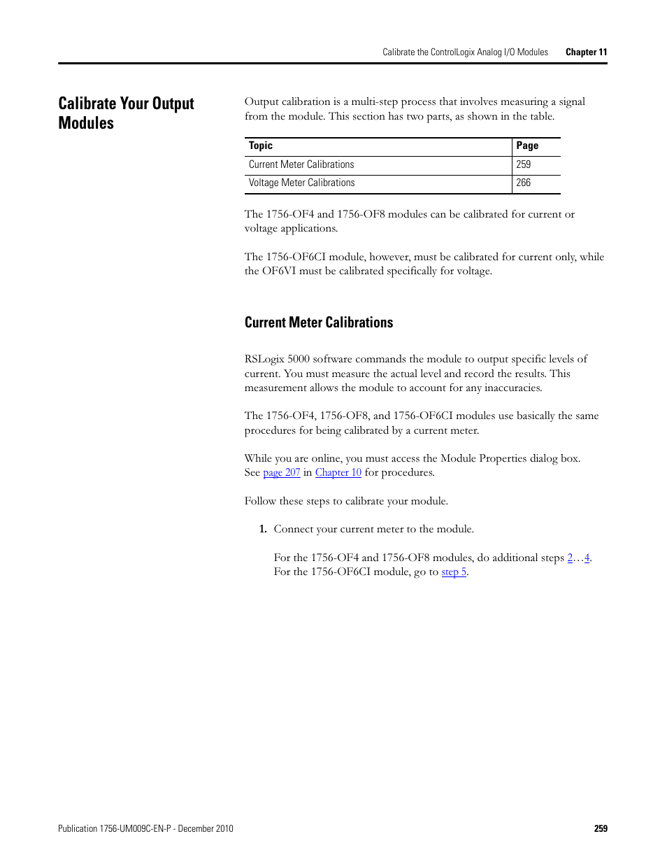 Calibrate your output modules, Current meter calibrations | Rockwell Automation 1756-XXXX ControlLogix Analog I/O Modules User Manual | Page 259 / 401