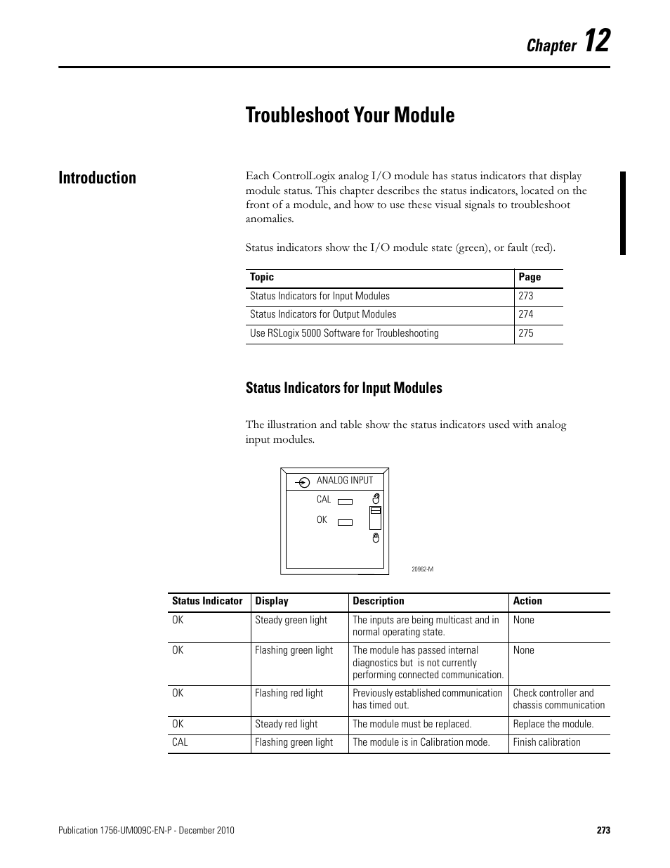 Troubleshoot your module, Introduction, Chapter 12 | Status indicators for input modules, Chapter | Rockwell Automation 1756-XXXX ControlLogix Analog I/O Modules User Manual | Page 273 / 401