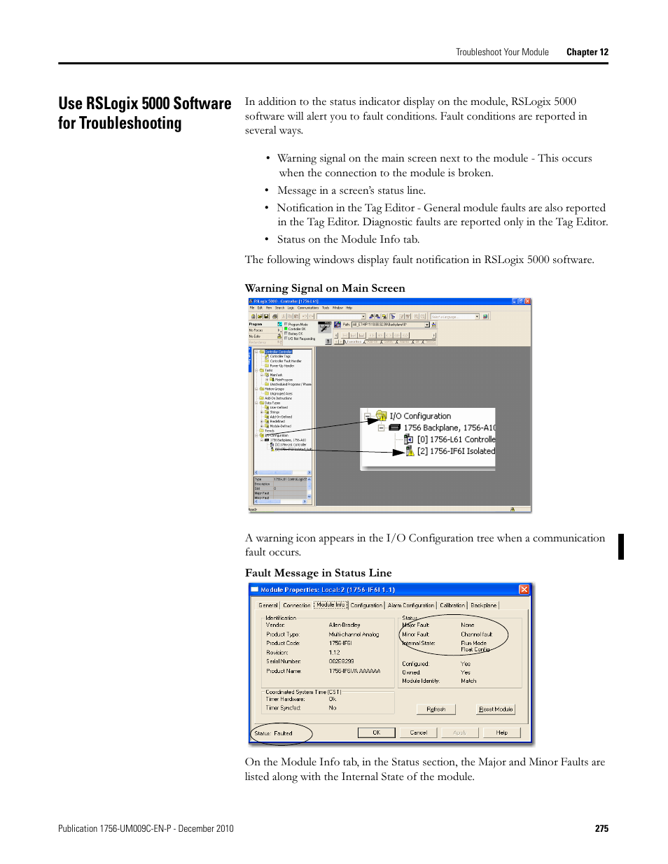 Use rslogix 5000 software for troubleshooting | Rockwell Automation 1756-XXXX ControlLogix Analog I/O Modules User Manual | Page 275 / 401