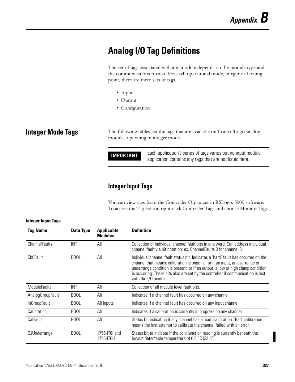 Appendix b- analog i/o tag definitions, Integer mode tags, Appendix b | Analog i/o tag definitions, Integer input tags, Appendix | Rockwell Automation 1756-XXXX ControlLogix Analog I/O Modules User Manual | Page 327 / 401