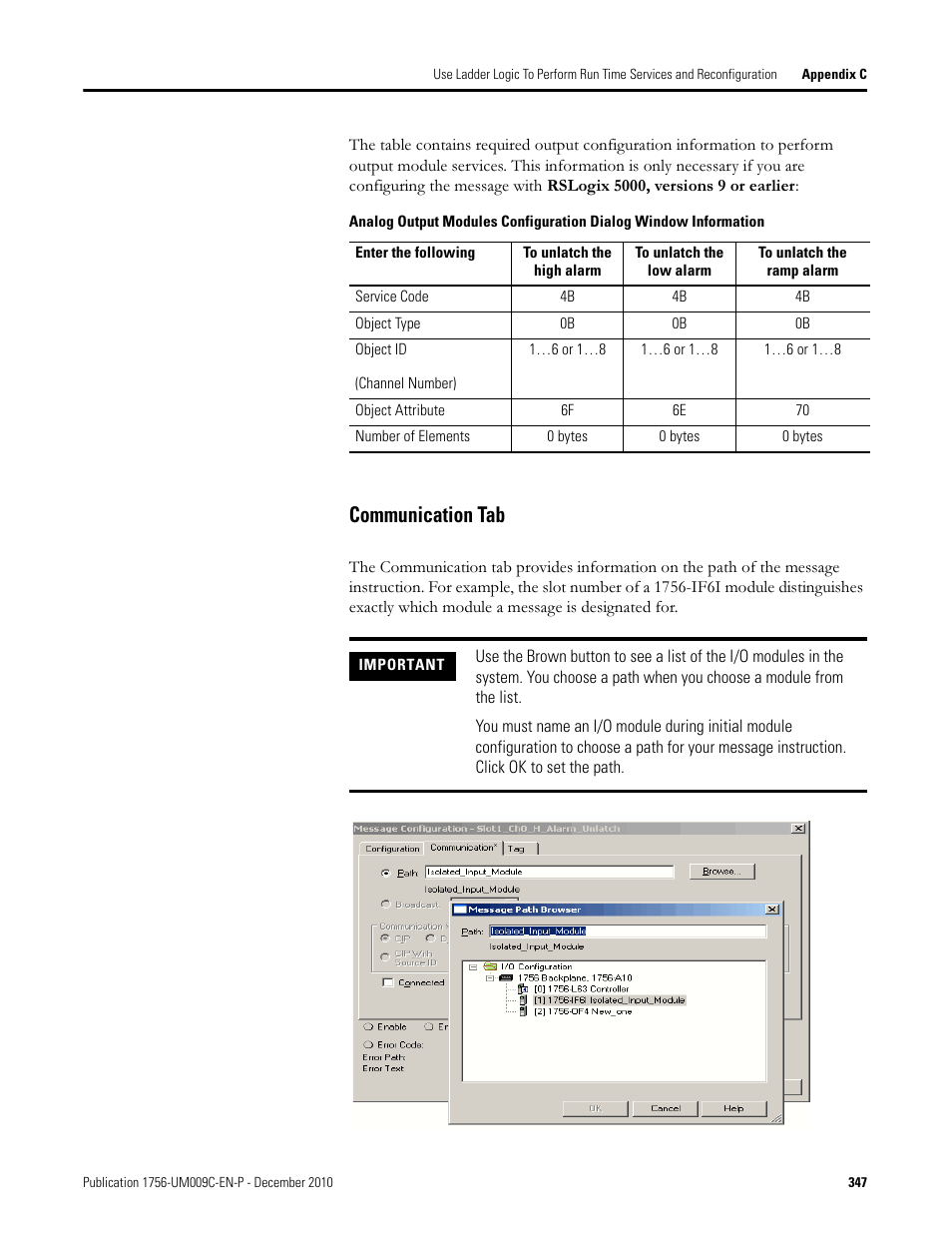 Communication tab | Rockwell Automation 1756-XXXX ControlLogix Analog I/O Modules User Manual | Page 347 / 401