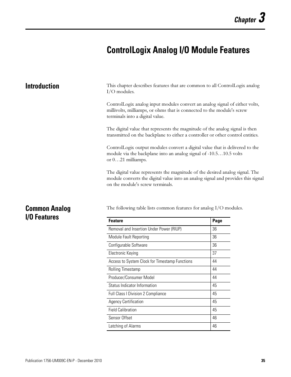 Controllogix analog i/o module features, Introduction, Common analog i/o features | Chapter 3, Introduction common analog i/o features, Chapter | Rockwell Automation 1756-XXXX ControlLogix Analog I/O Modules User Manual | Page 35 / 401