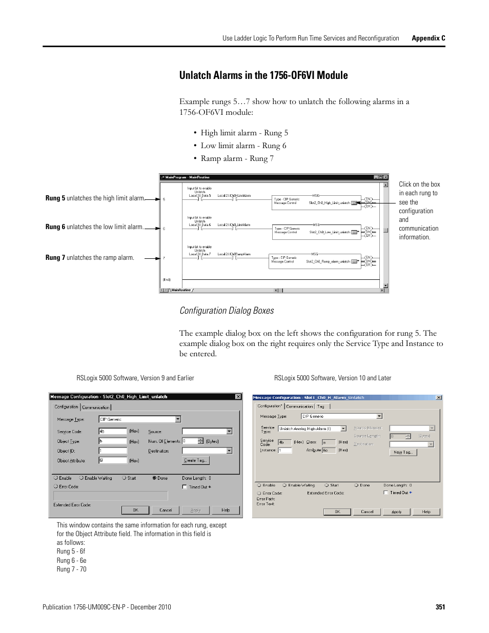 Unlatch alarms in the 1756-of6vi module | Rockwell Automation 1756-XXXX ControlLogix Analog I/O Modules User Manual | Page 351 / 401