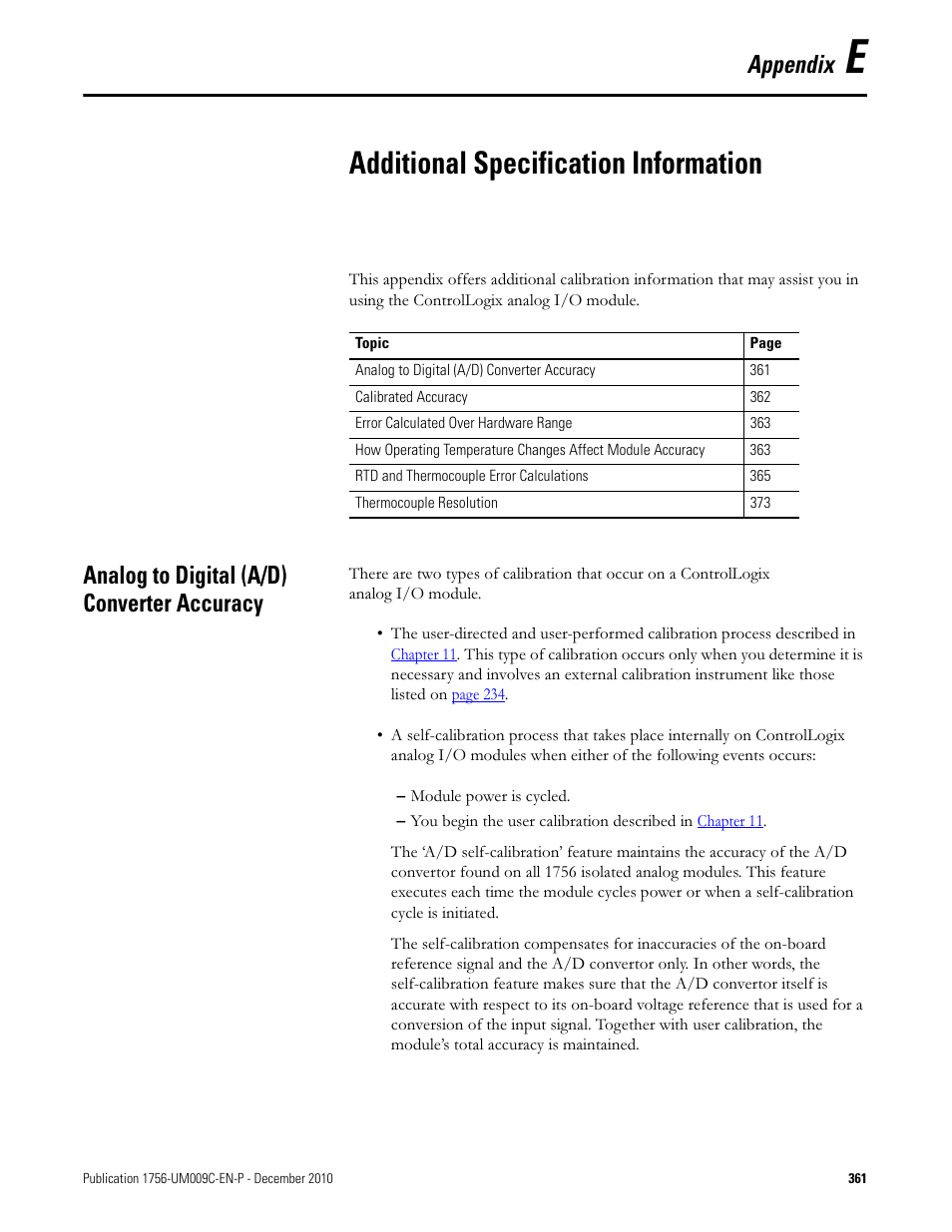 Appendix e- additional specification information, Analog to digital (a/d) converter accuracy, Appendix e | Additional specification information, Appendix | Rockwell Automation 1756-XXXX ControlLogix Analog I/O Modules User Manual | Page 361 / 401