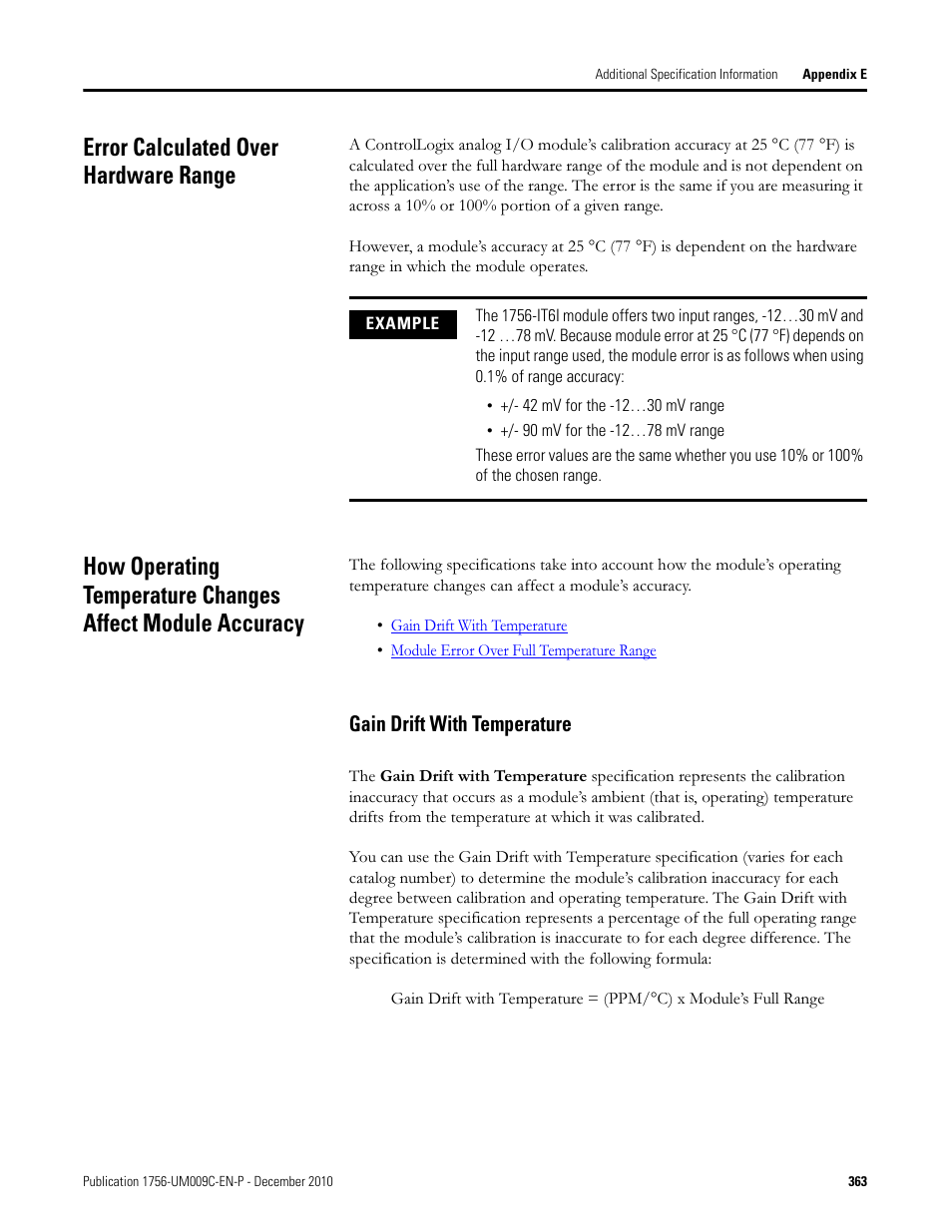 Error calculated over hardware range, Gain drift with temperature | Rockwell Automation 1756-XXXX ControlLogix Analog I/O Modules User Manual | Page 363 / 401