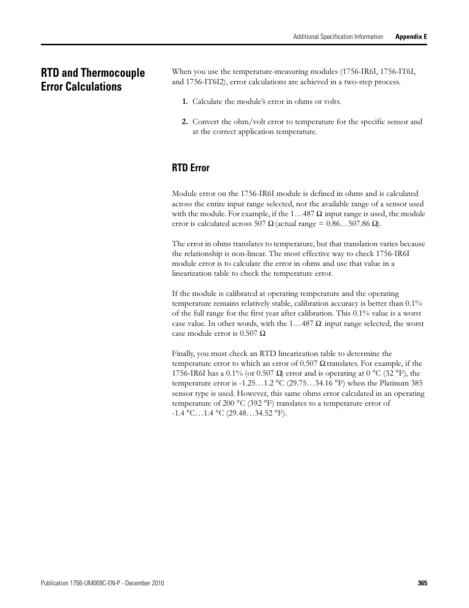 Rtd and thermocouple error calculations, Rtd error | Rockwell Automation 1756-XXXX ControlLogix Analog I/O Modules User Manual | Page 365 / 401