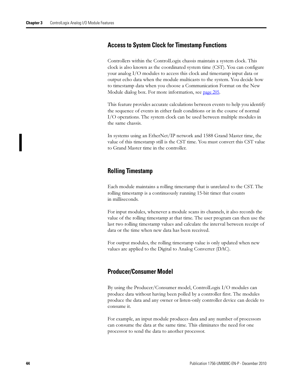 Access to system clock for timestamp functions, Rolling timestamp, Producer/consumer model | Rockwell Automation 1756-XXXX ControlLogix Analog I/O Modules User Manual | Page 44 / 401